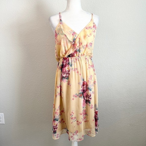 Meadow Rue Spring Silk Dress Womens 6 Yellow Floral Blouson Ruffle Anthropologie - Picture 1 of 9